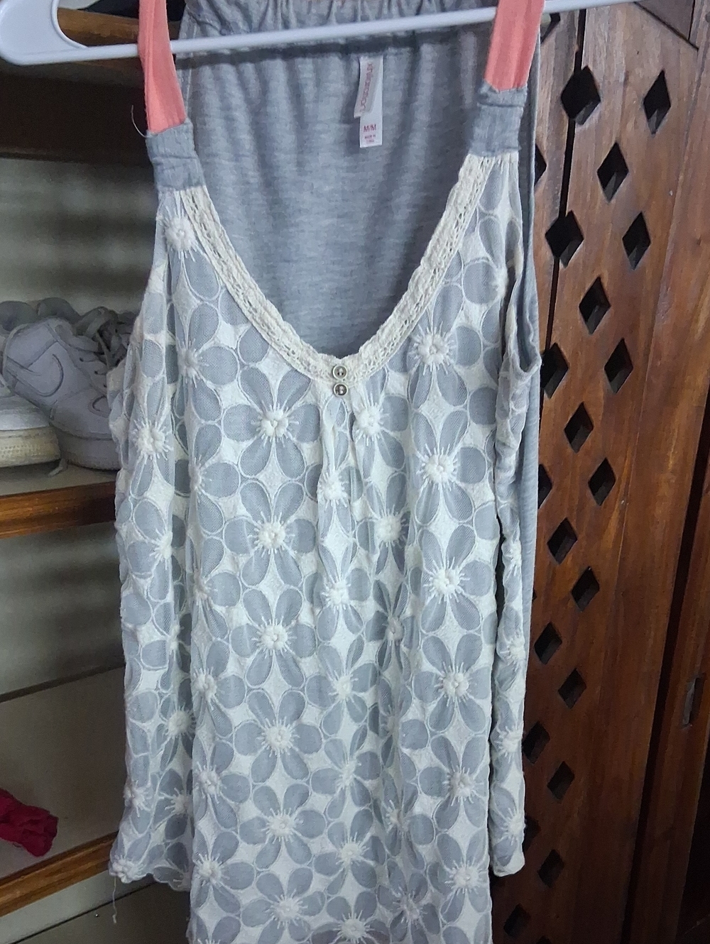 Light Gray Floral Lace-Overlay Tank Top with Pink Straps
